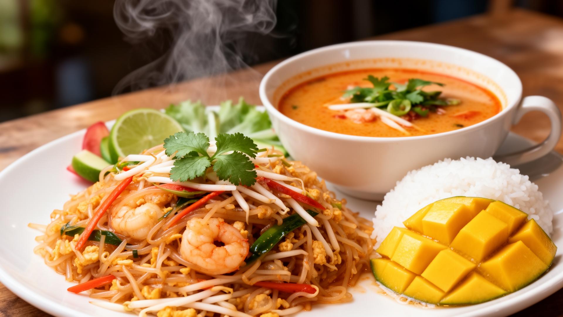 Plato de Pad Thai con camarones, sopa Tom Yum y mango sticky rice