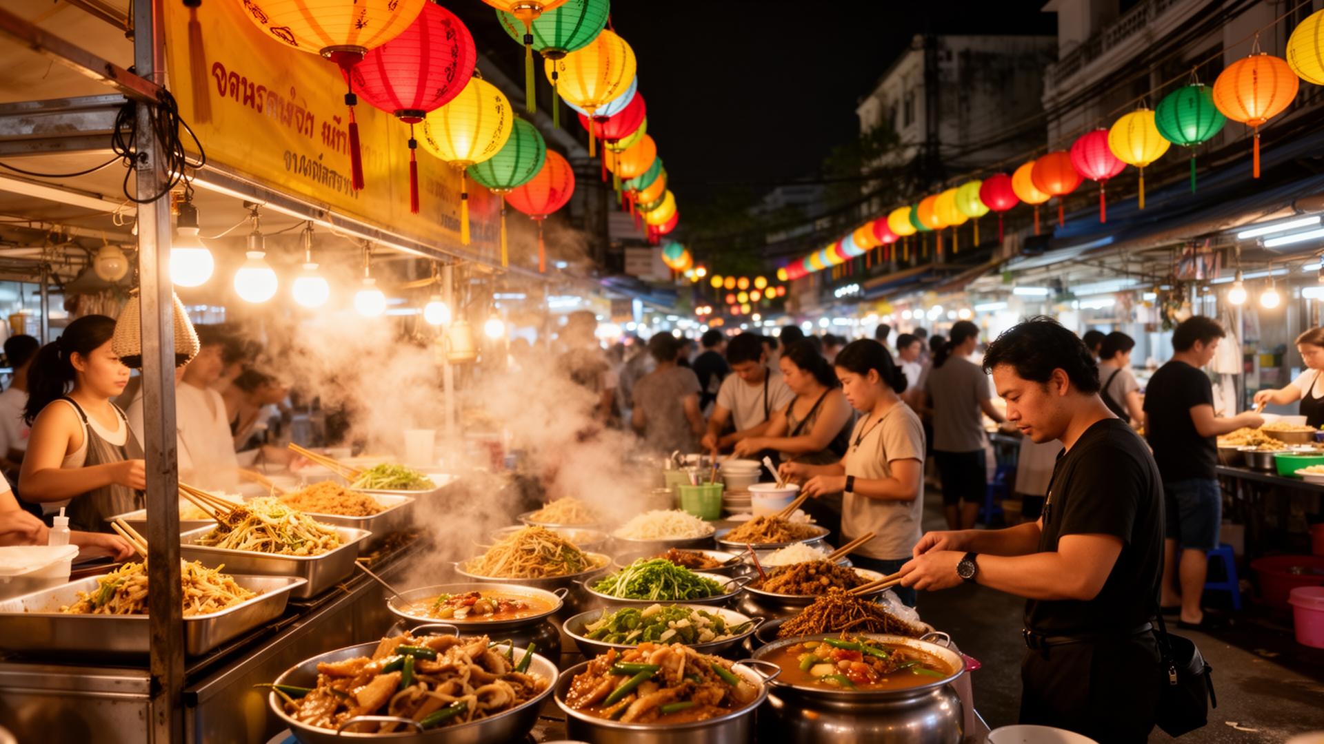 Mercado nocturno de Bangkok con farolillos de colores, puestos de comida y multitud
