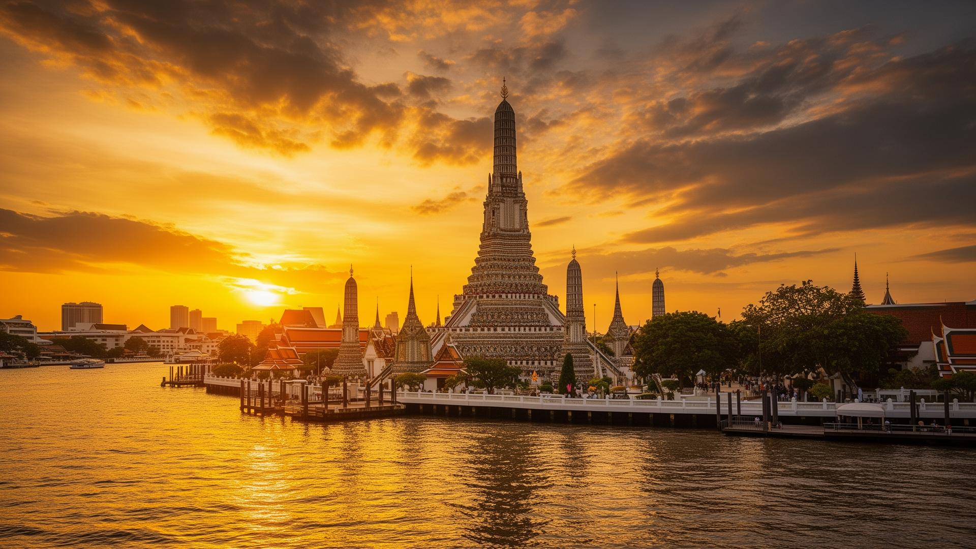 Templo Wat Arun al atardecer junto al río Chao Phraya en Bangkok