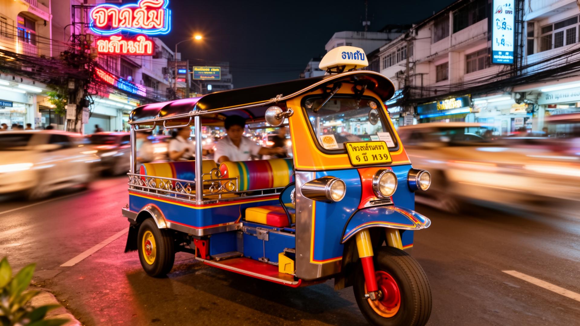 Tuk-tuk colorido recorriendo una calle de Bangkok de noche con luces de neón