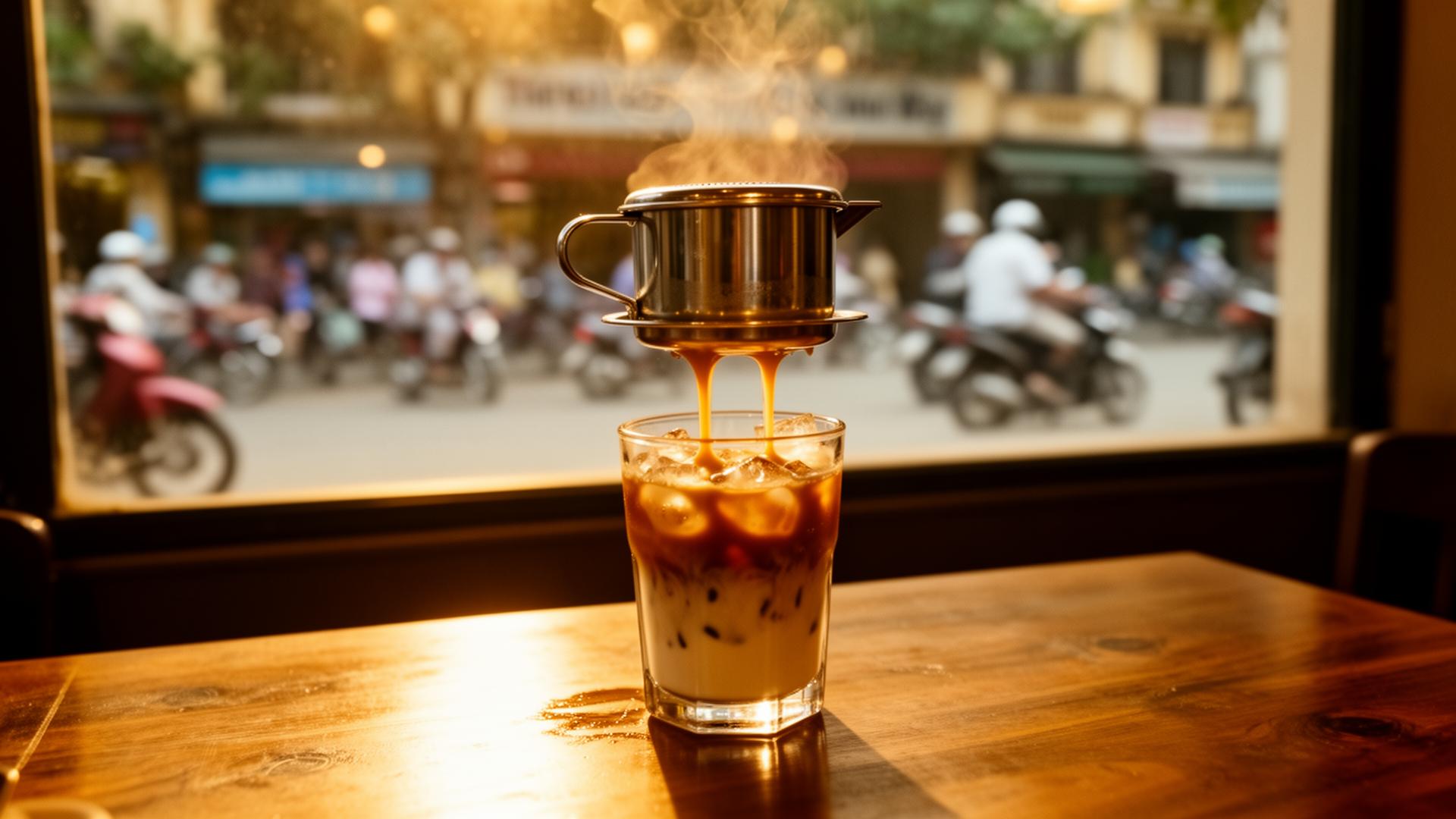 Café vietnamita tradicional servido con phin sobre leche condensada