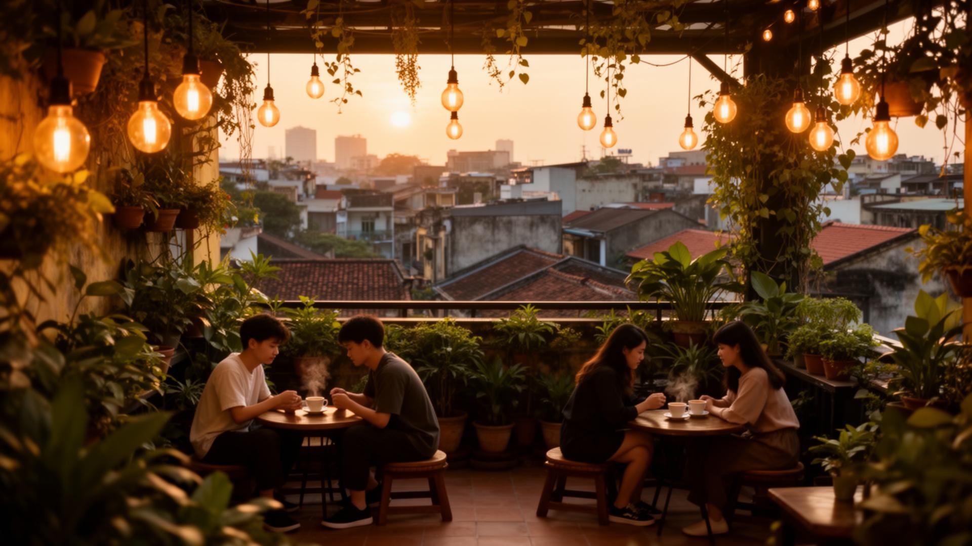 Rooftop café escondido en Hanoi con plantas y luces cálidas al atardecer