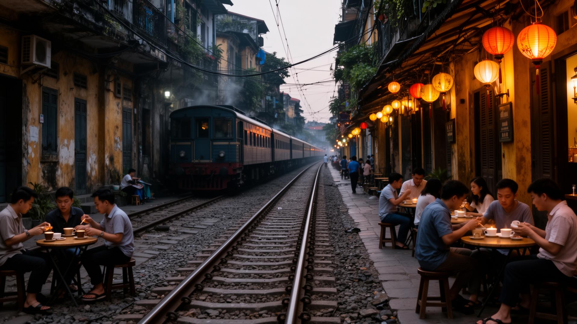 Train street café en Hanoi con tren pasando junto a las mesas