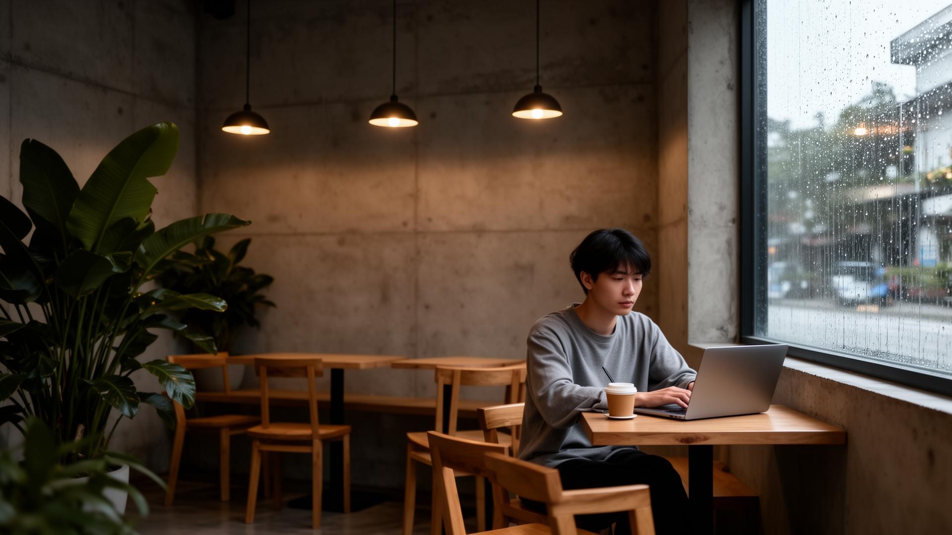 Café minimalista en Vietnam con joven trabajando en laptop bajo la lluvia