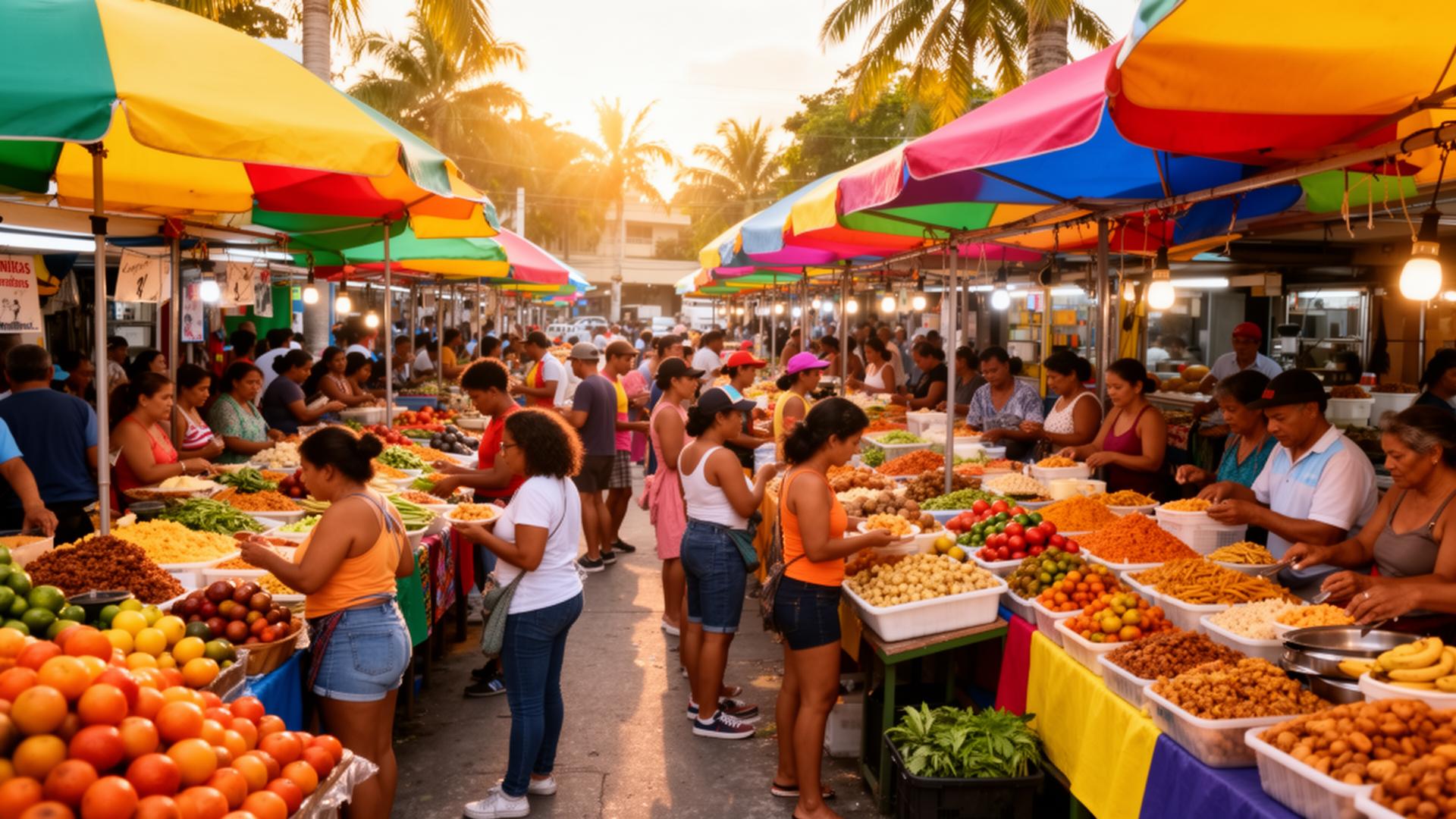Mercado multicultural latino en Florida lleno de color y comida