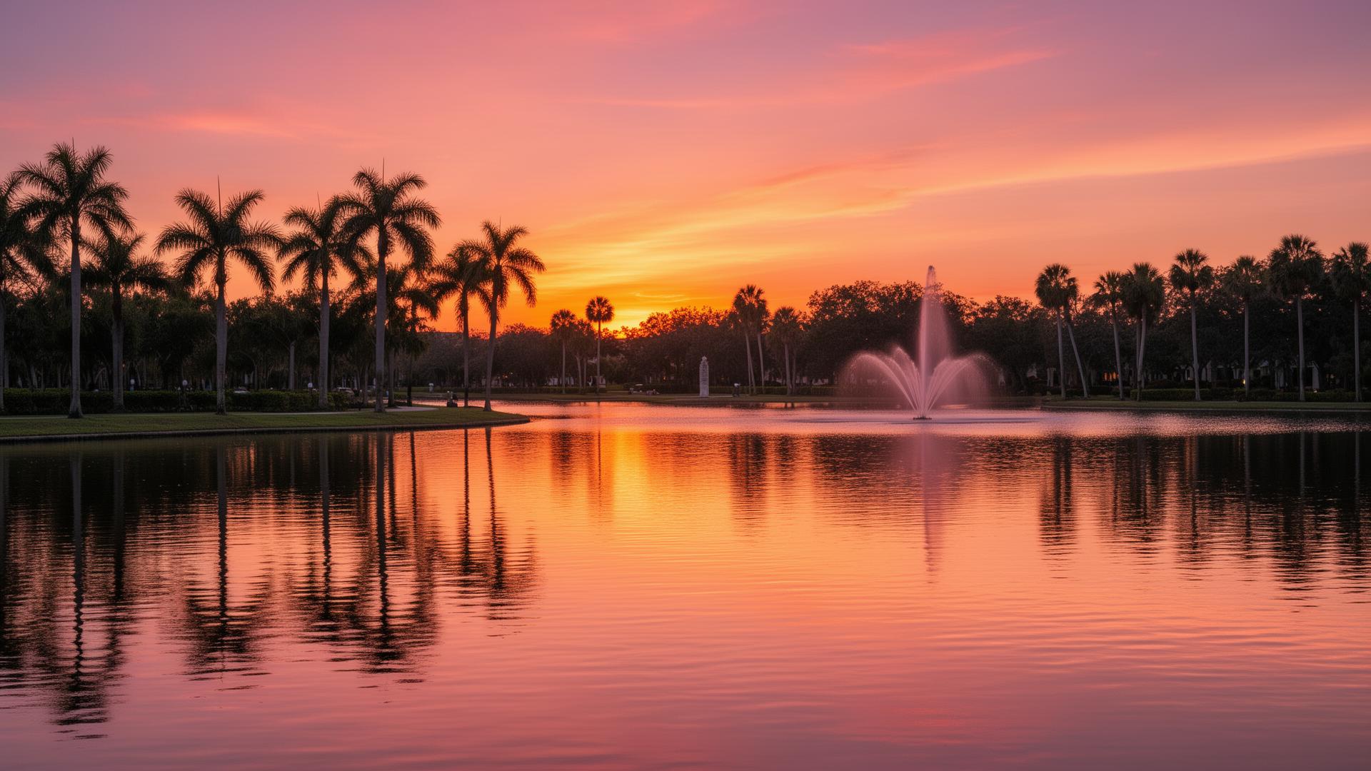 Atardecer espectacular sobre un lago de Florida con palmeras y una fuente