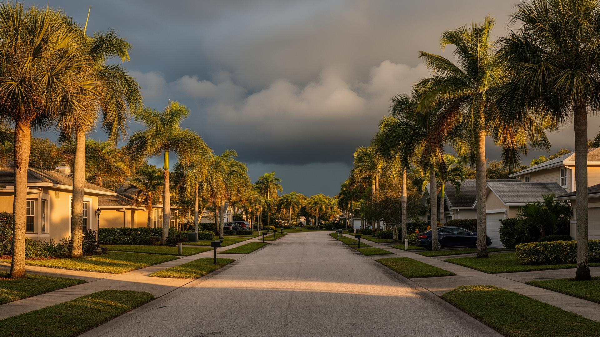 Calle residencial de Florida con palmeras y cielo de tormenta tropical