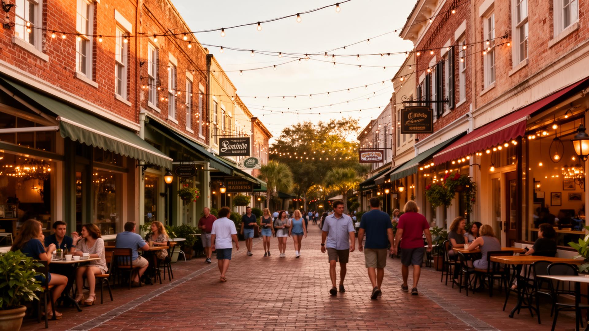 Calles históricas de Winter Garden al atardecer, con cafeterías y luces colgantes