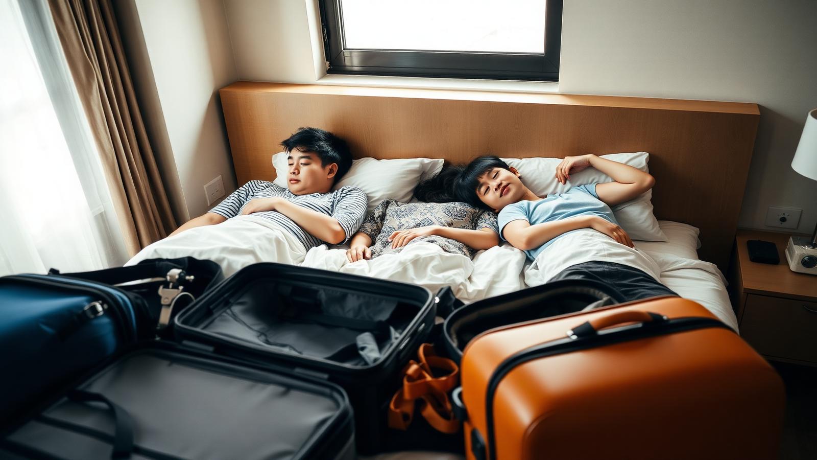 Familia descansando en la cama del hotel rodeada de maletas abiertas
