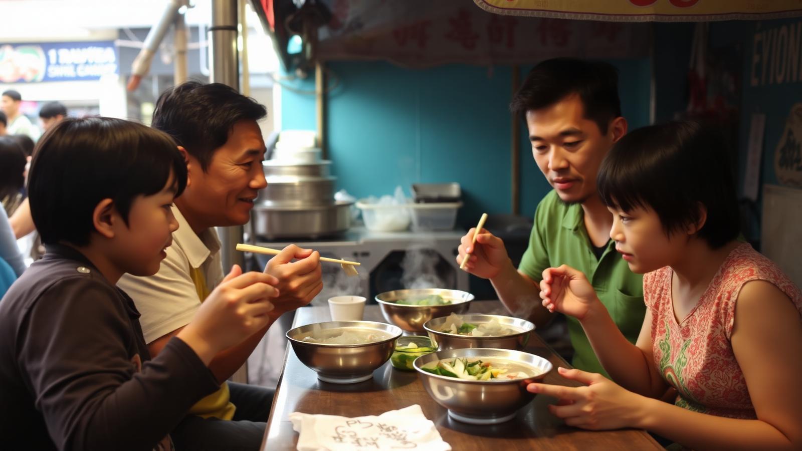 Familia compartiendo un plato de pho en un puesto de comida callejera en Vietnam
