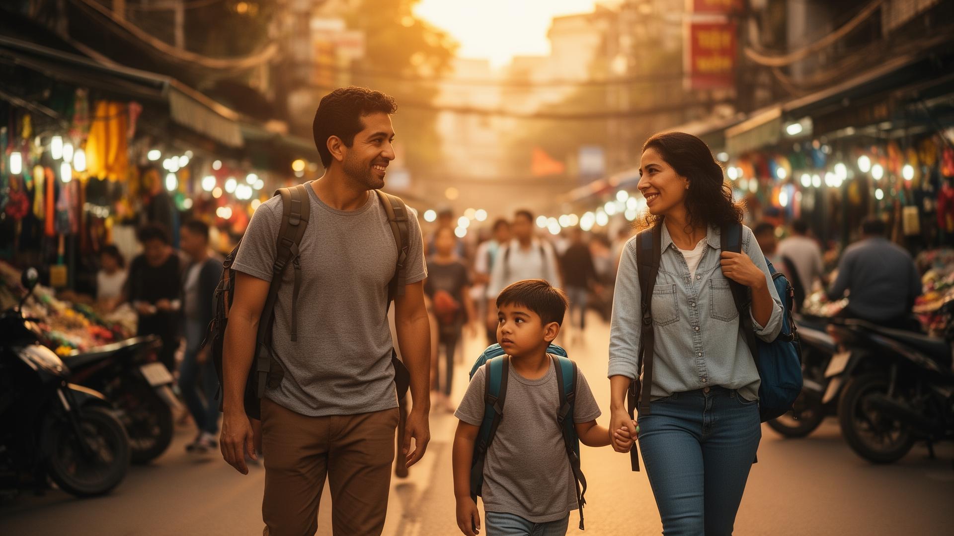 Familia caminando con mochilas por un mercado asiático al atardecer