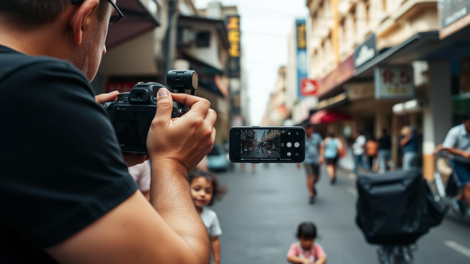 Padre grabando con cámara y teléfono mientras la familia camina por la calle