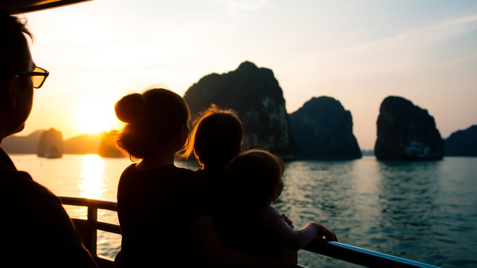 Silueta de familia viendo el atardecer en la Bahía de Ha Long desde un barco